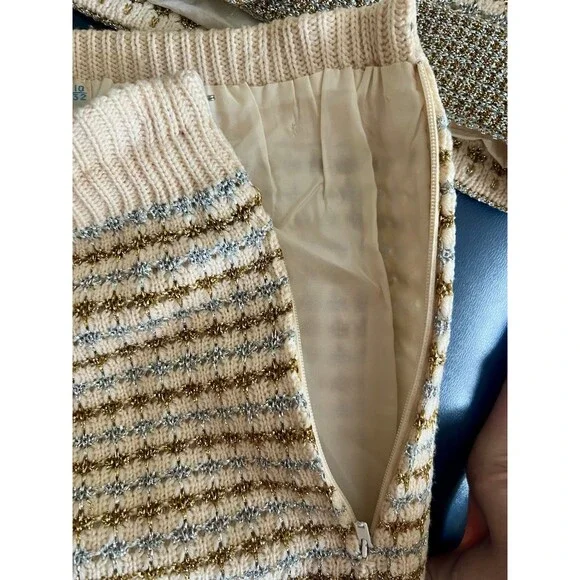 Vintage CISA OF ITALY Knit Cream Skirt Suit, Gold Silver Check Pattern, Size 10